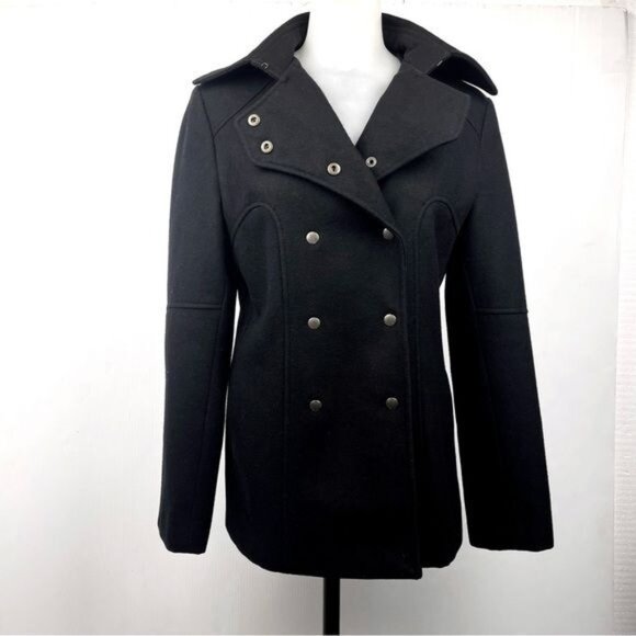 GUESS Wool Blend Snap Front Pea Coat Black Small - Picture 1 of 9